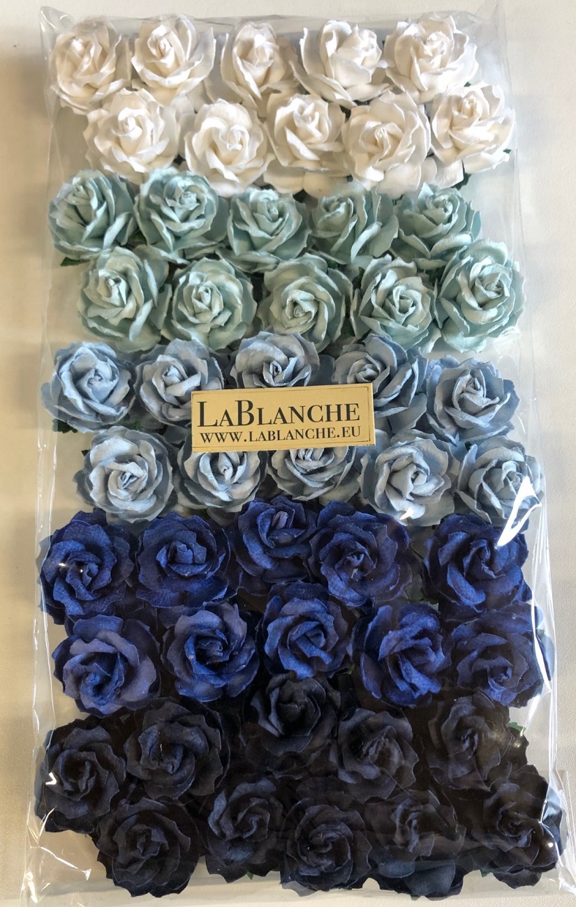 50 Papierblumen Wildrosen Blau/Aqua/Weiß