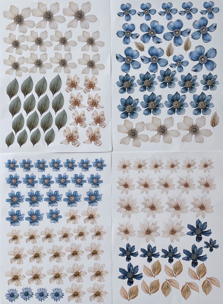 4 Bogen Folienblumen "Blau & Creme"